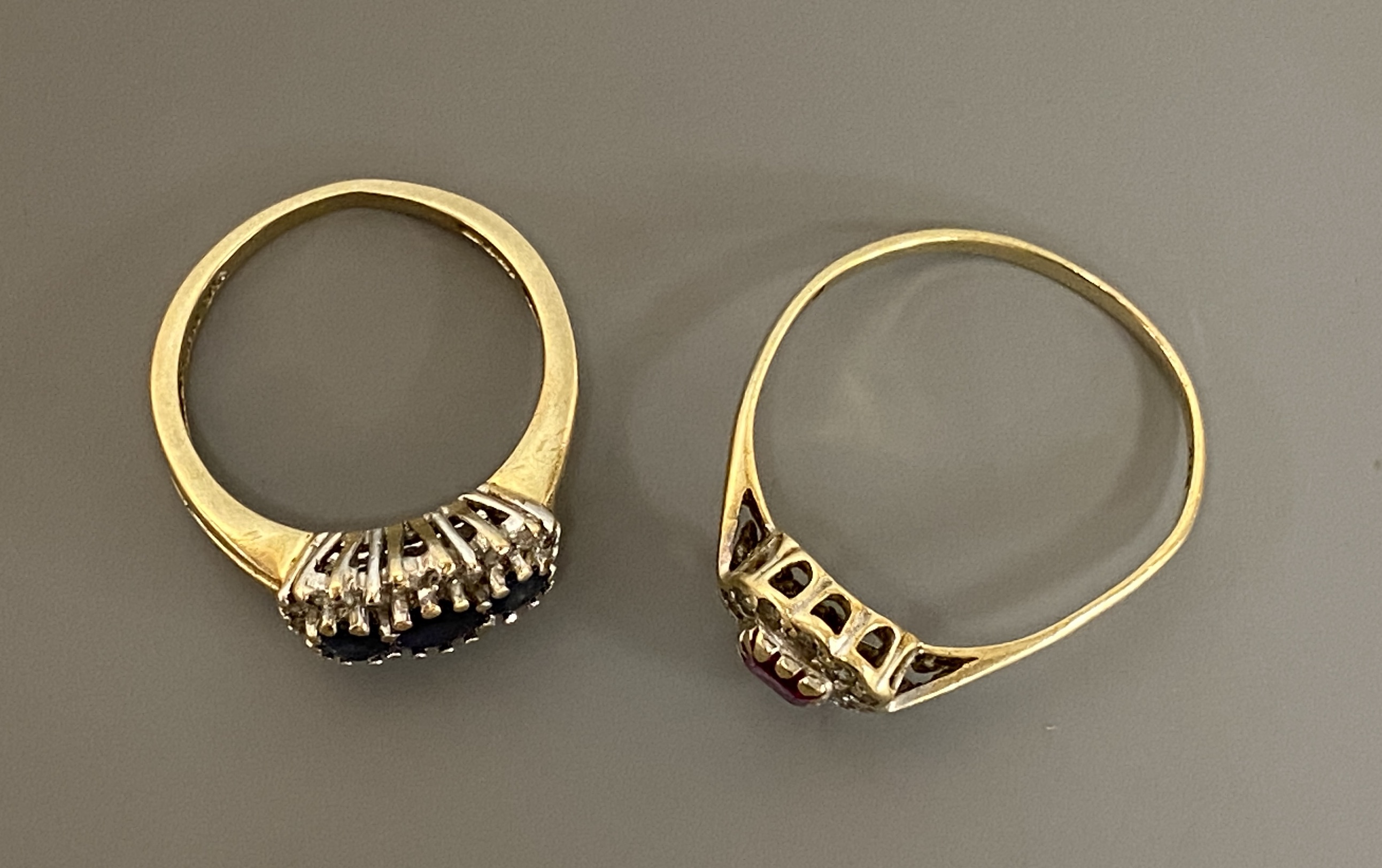 Two 9ct gold and gem set dress rings, including sapphire and diamond chip, gross 4.3 grams.